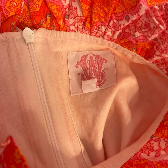 Elizabeth Wilson Mandala Floral Print Top XS Orange Pink White Ruffle Collar - Picture 11 of 11